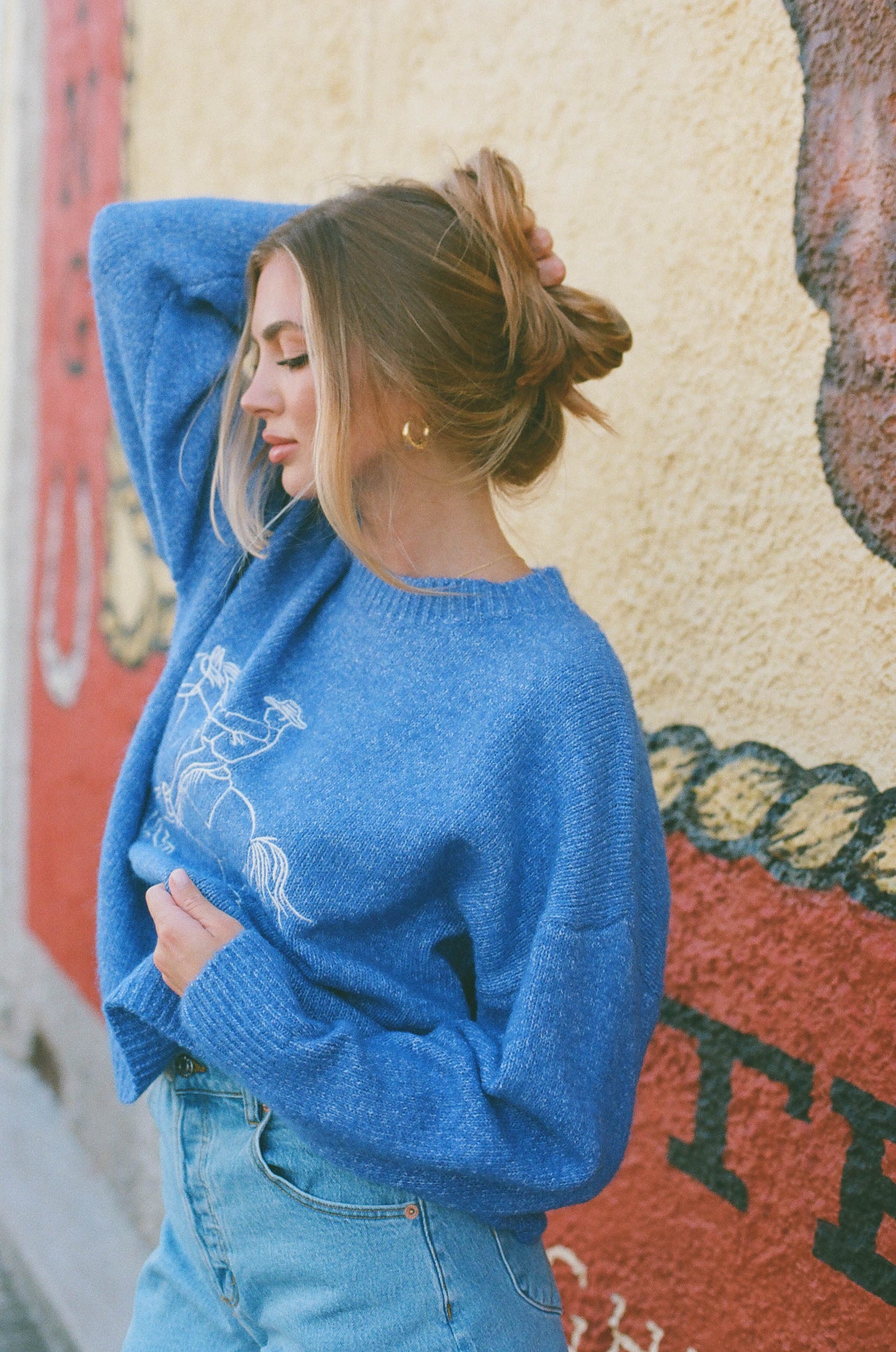 Virginia Embroidered Cowboy Knit Sweater in Royal