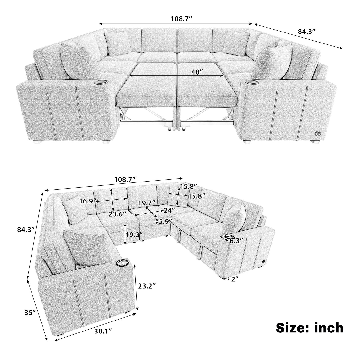 108 Inch Modular UâShaped Sectional Sofa with Pull Out Sleeper, USB Ports and Dual Cup Holders for Living Room
