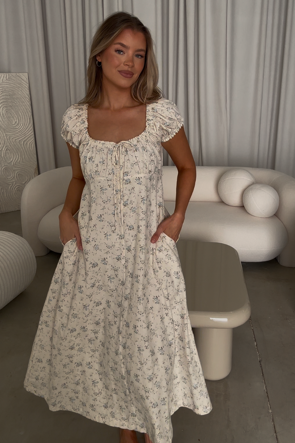 Marley 100% Cotton Midi Dress in Ivory/Blue Floral -Bump Friendly