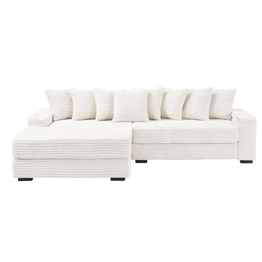 111.4 L-Shaped Corduroy Sofa with 8 Throw Pillows and Footstool