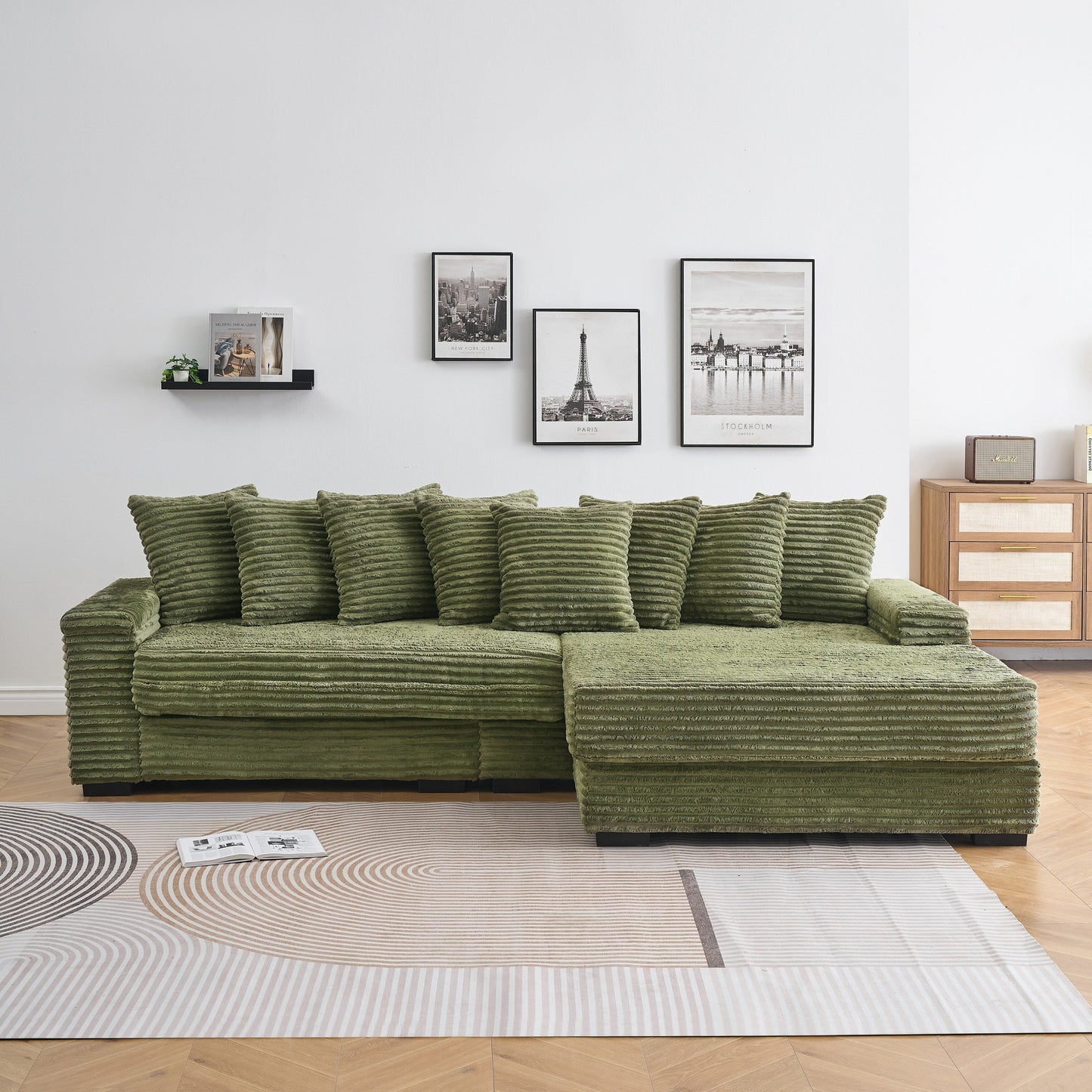 111.4 L-Shaped Corduroy Sofa with 8 Throw Pillows and Footstool