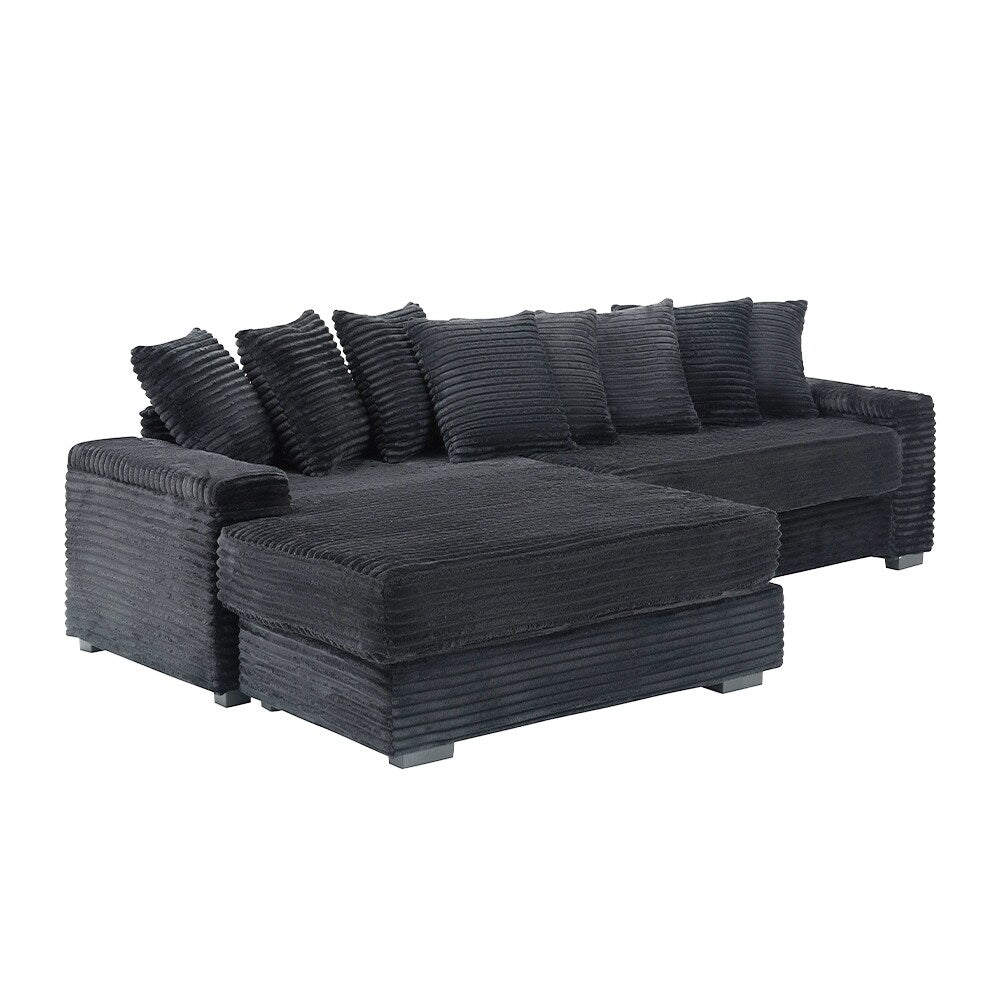 111.4 L-Shaped Corduroy Sofa with 8 Throw Pillows and Footstool