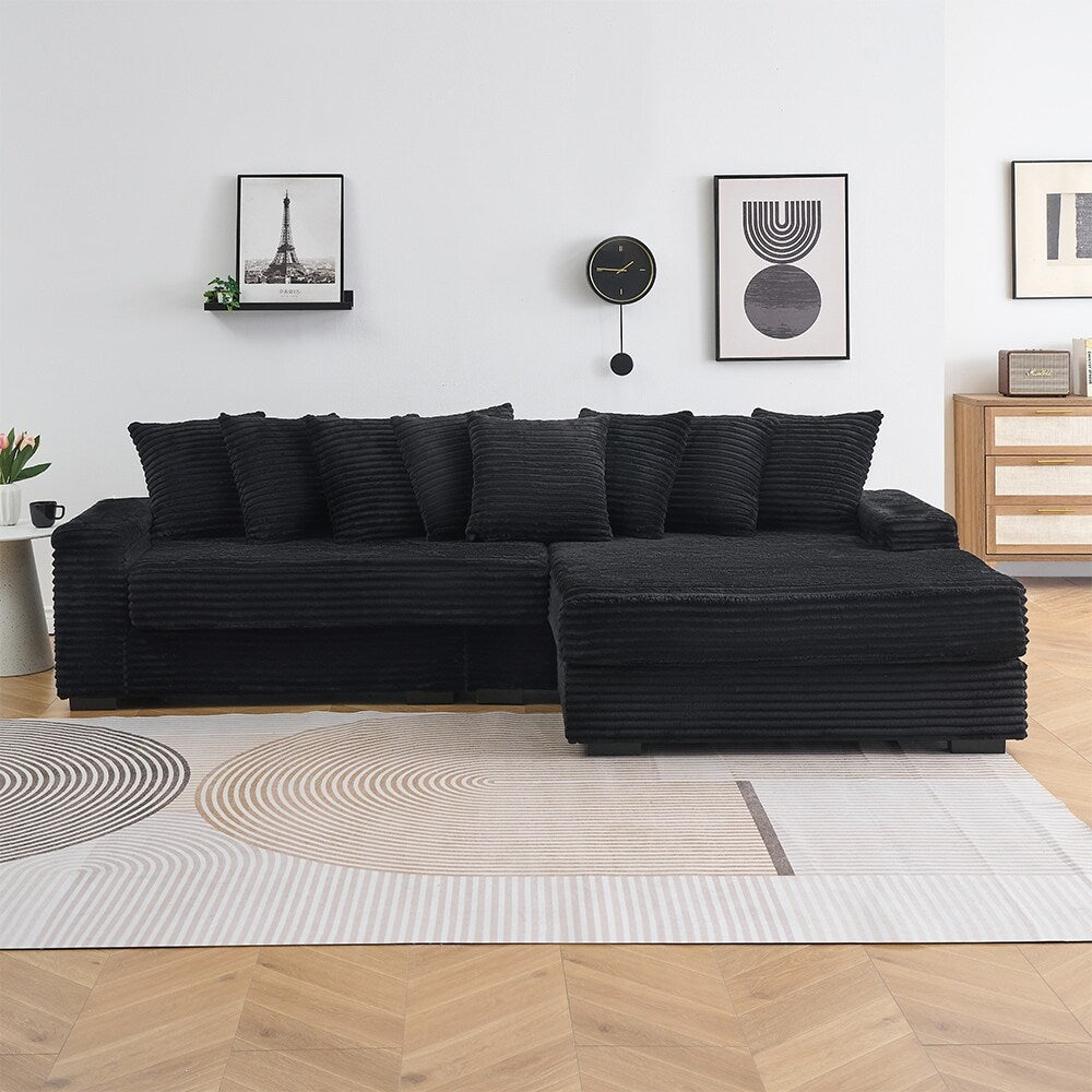111.4 L-Shaped Corduroy Sofa with 8 Throw Pillows and Footstool