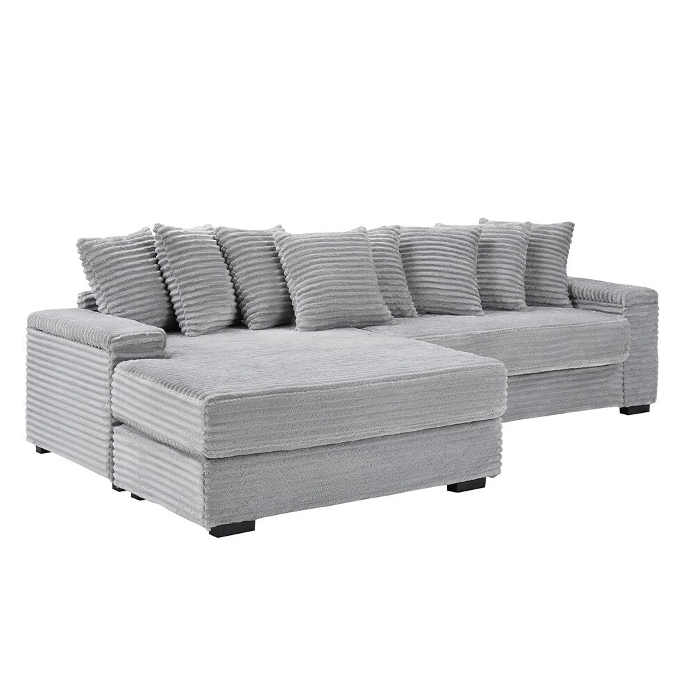 111.4 L-Shaped Corduroy Sofa with 8 Throw Pillows and Footstool