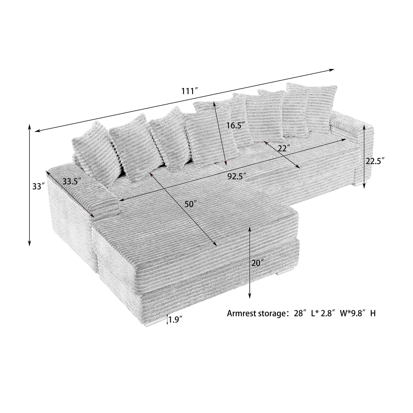 111.4 L-Shaped Corduroy Sofa with 8 Throw Pillows and Footstool
