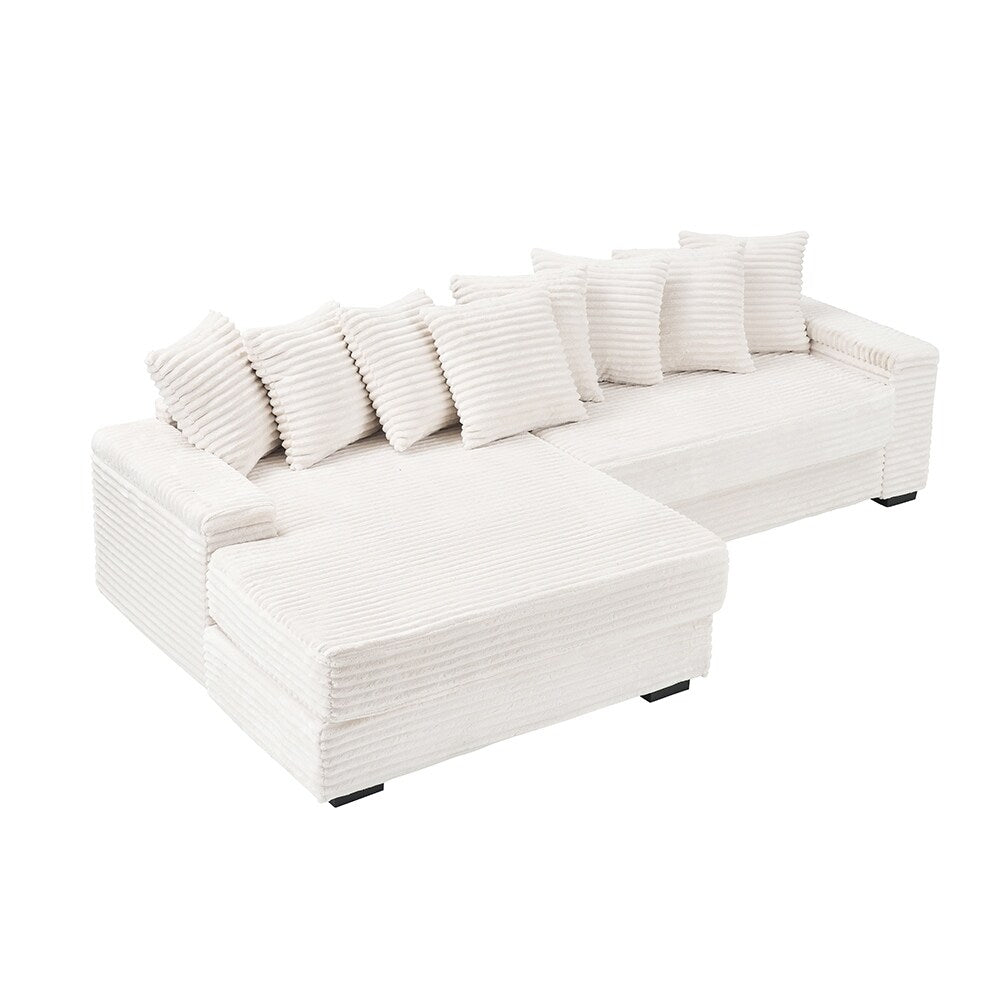 111.4 L-Shaped Corduroy Sofa with 8 Throw Pillows and Footstool