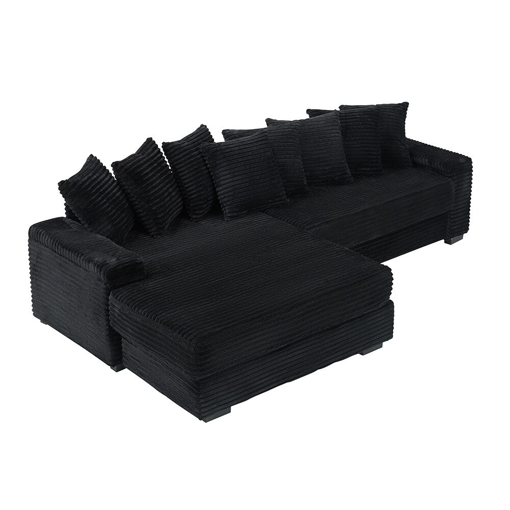 111.4 L-Shaped Corduroy Sofa with 8 Throw Pillows and Footstool