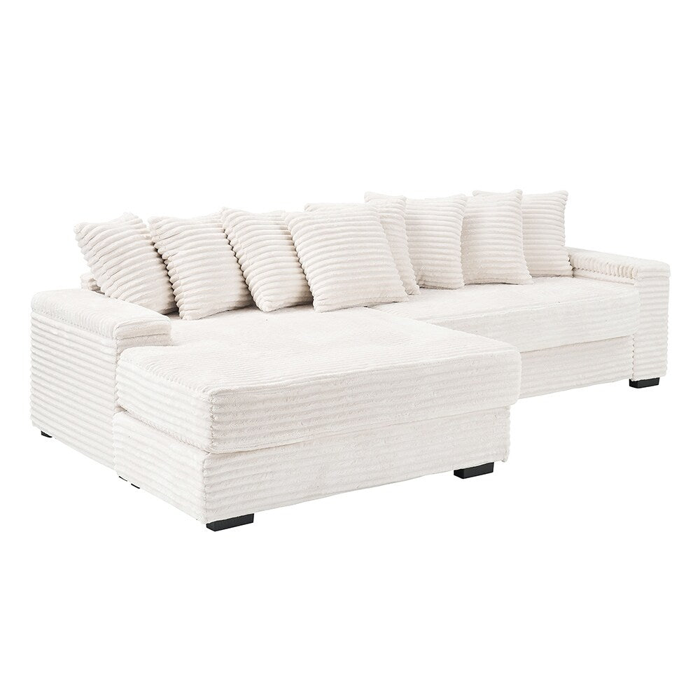 111.4 L-Shaped Corduroy Sofa with 8 Throw Pillows and Footstool