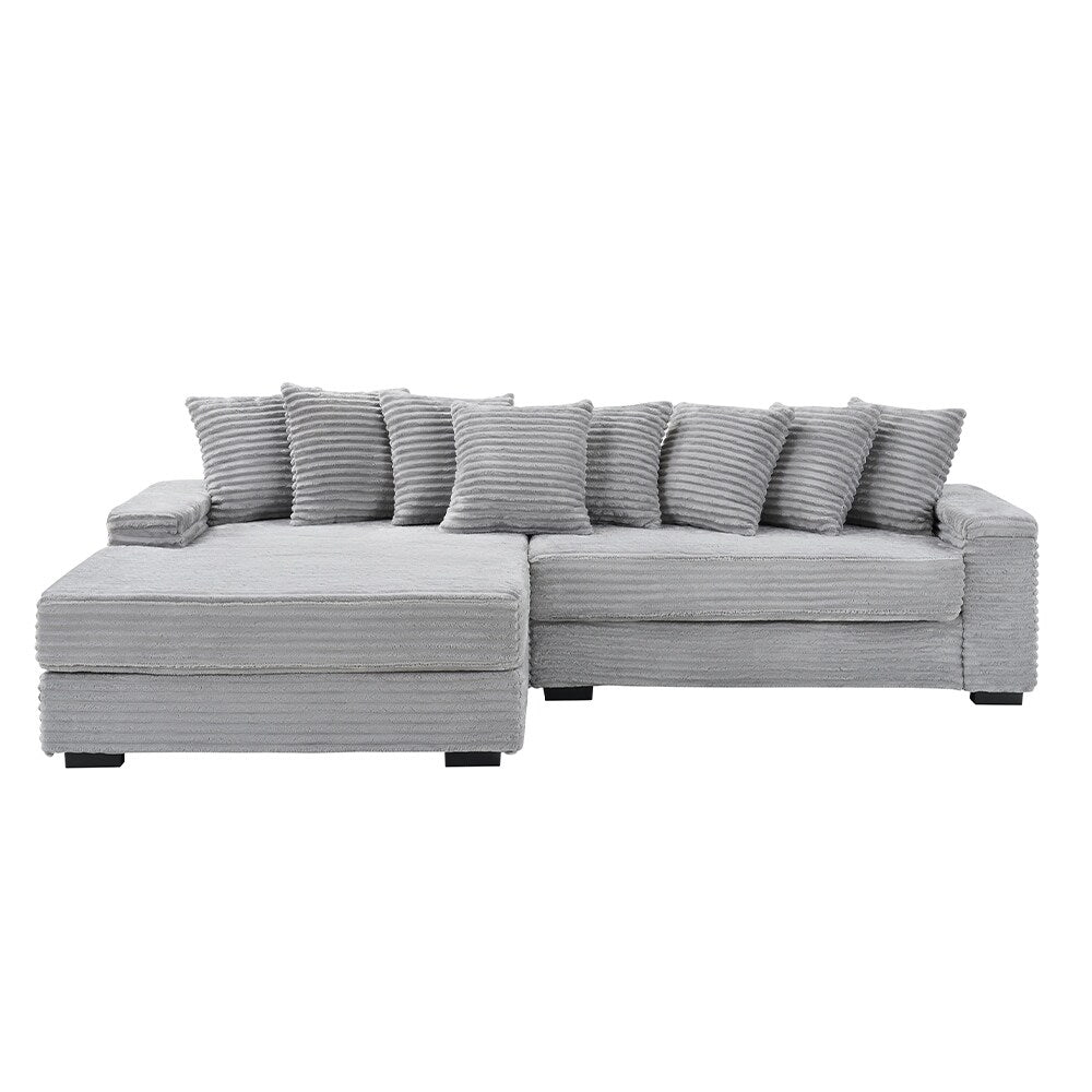 111.4 L-Shaped Corduroy Sofa with 8 Throw Pillows and Footstool