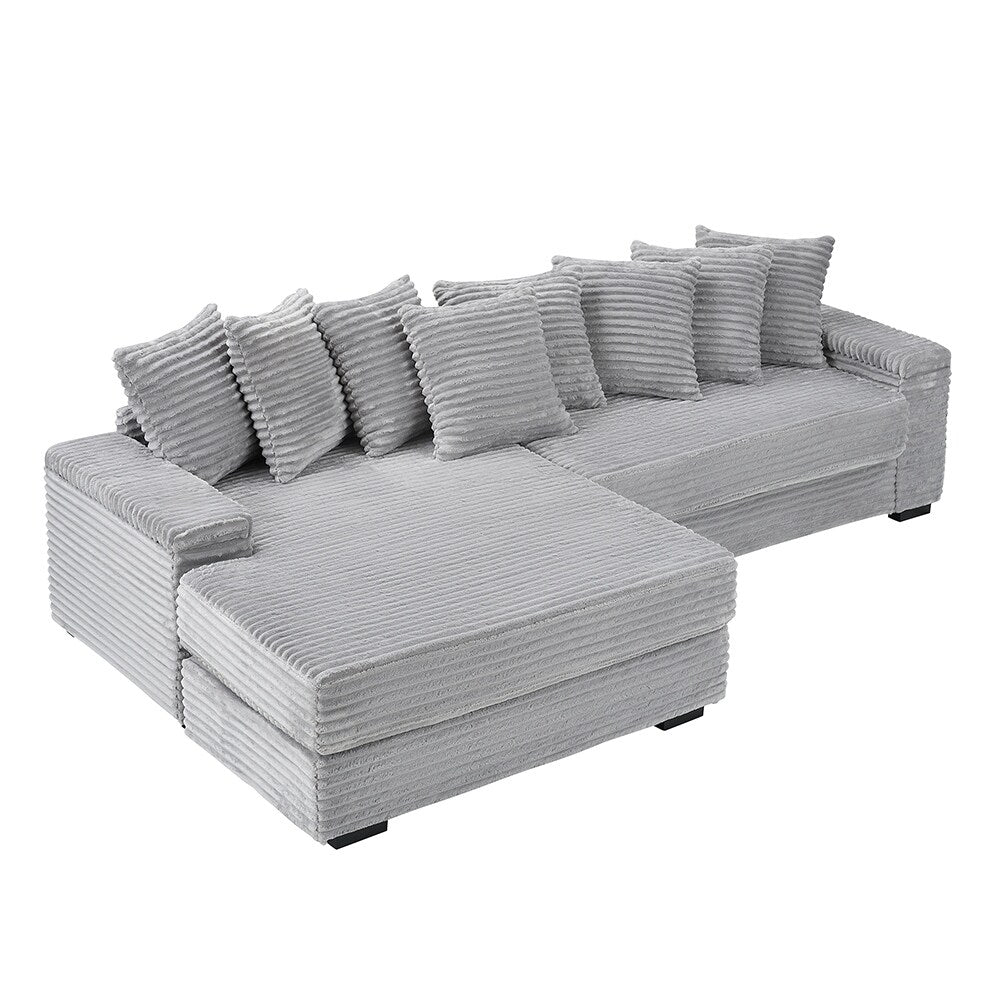 111.4 L-Shaped Corduroy Sofa with 8 Throw Pillows and Footstool