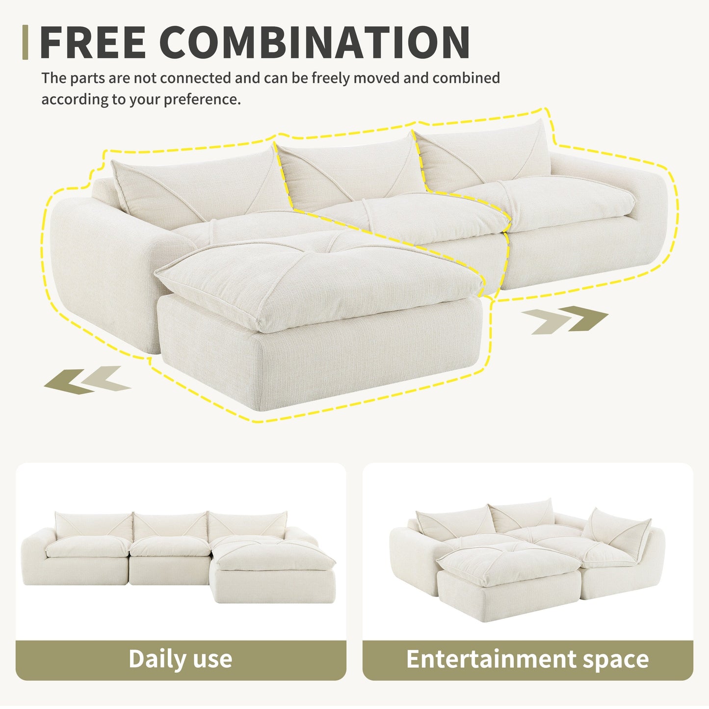 116'' Fully Compressed Sofa with High Density Foam, No Assembly Required, Legless Design without Frame