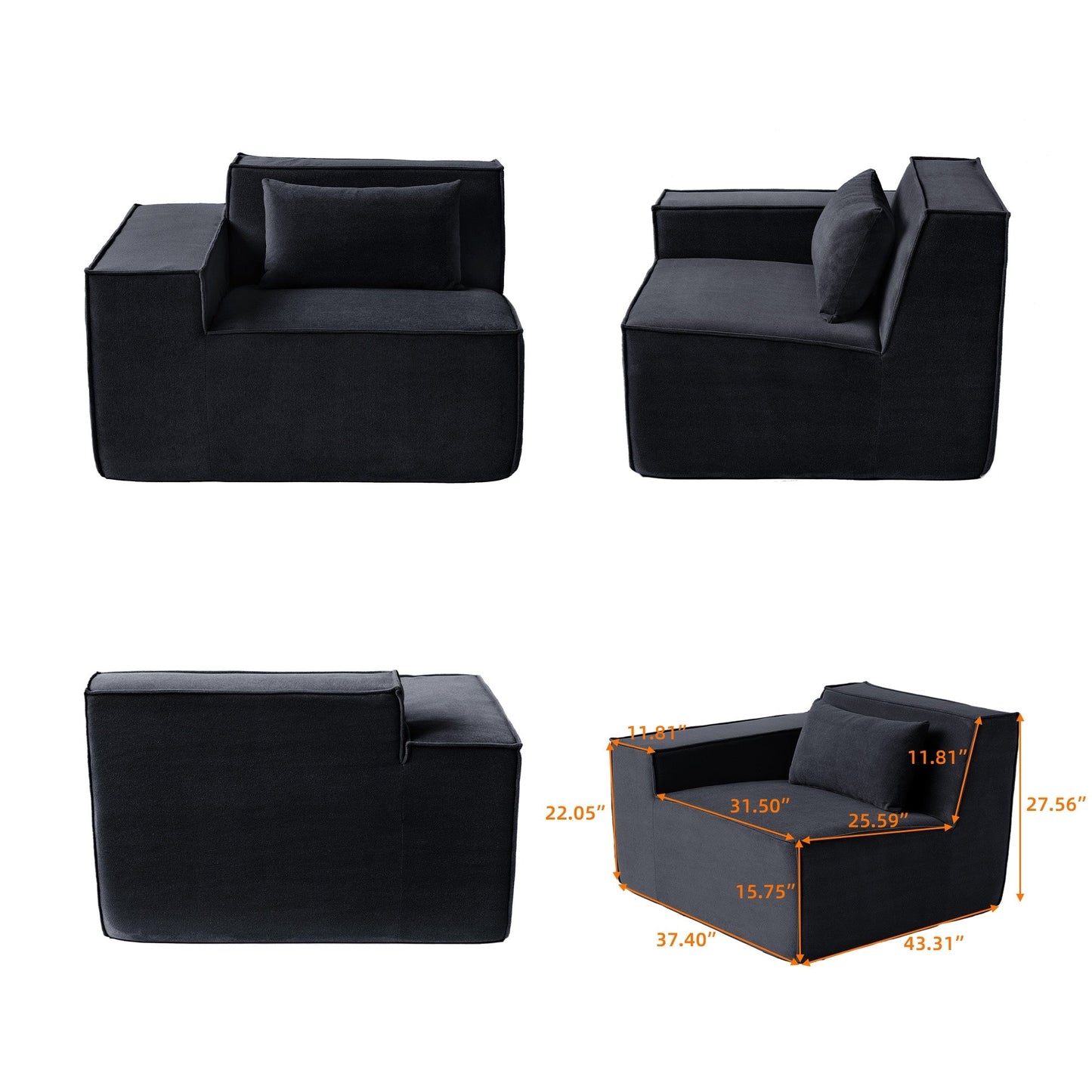 118 Modular Sofa Sectional Couch with Movable Fabric Cover & 3 Pillows, Comfy 3-Seater Corduroy Fabric Couch