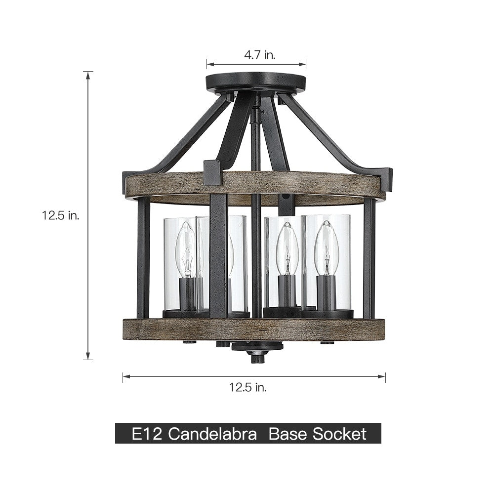 12.5 in. 4-Light Natural Iron and Distressed Faux Wood Modern Farmhouse Semi-Flush Mount Ceiling Light - 12.5W