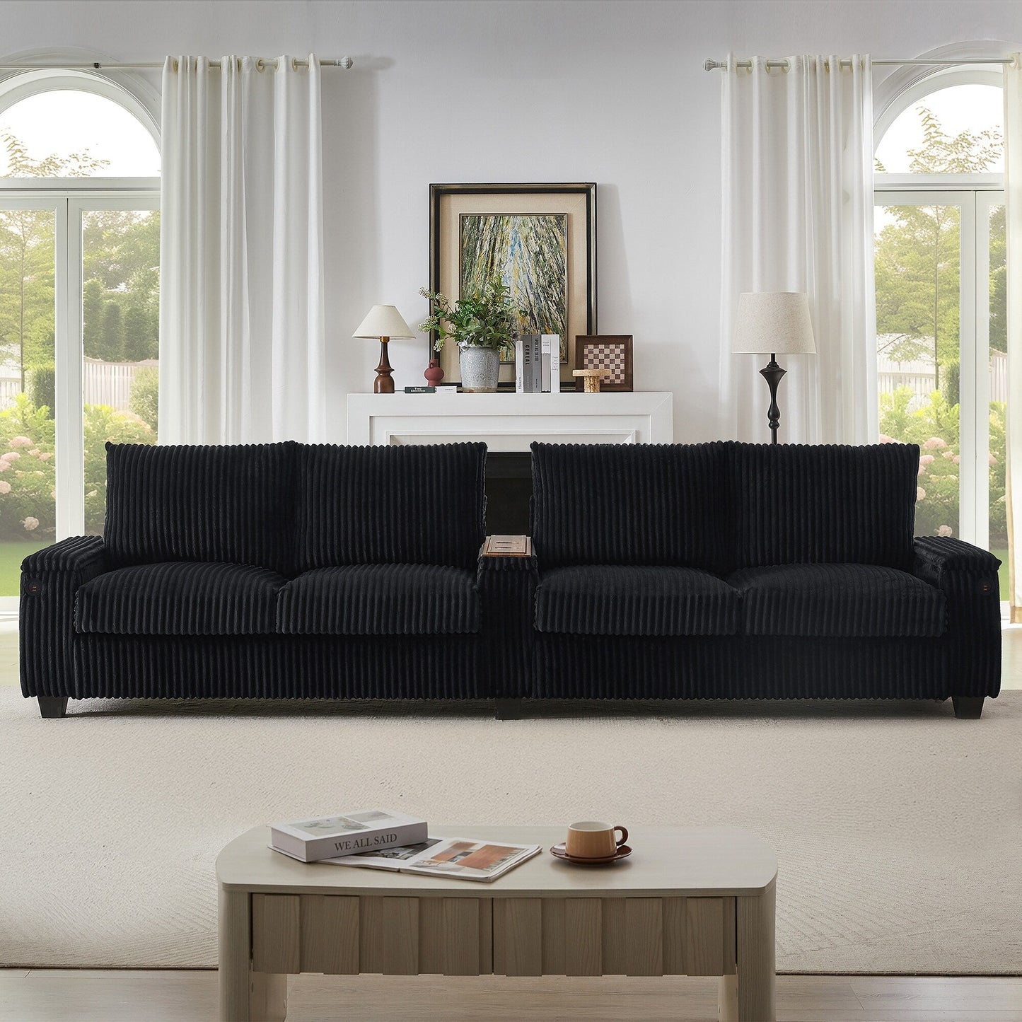 133 4-Seater Corduroy Sofa - Modern Storage Couch with USB Ports, Flip-Top Cup Holders