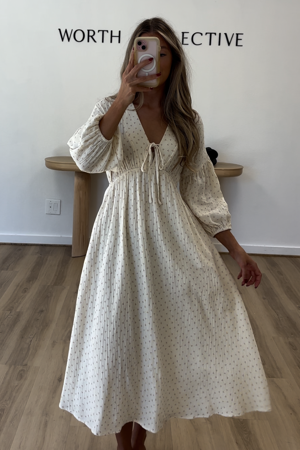 Hunter 100% Cotton Gauze Midi Dress in Natural/Brown Floral Bump Friendly (Fully Lined)