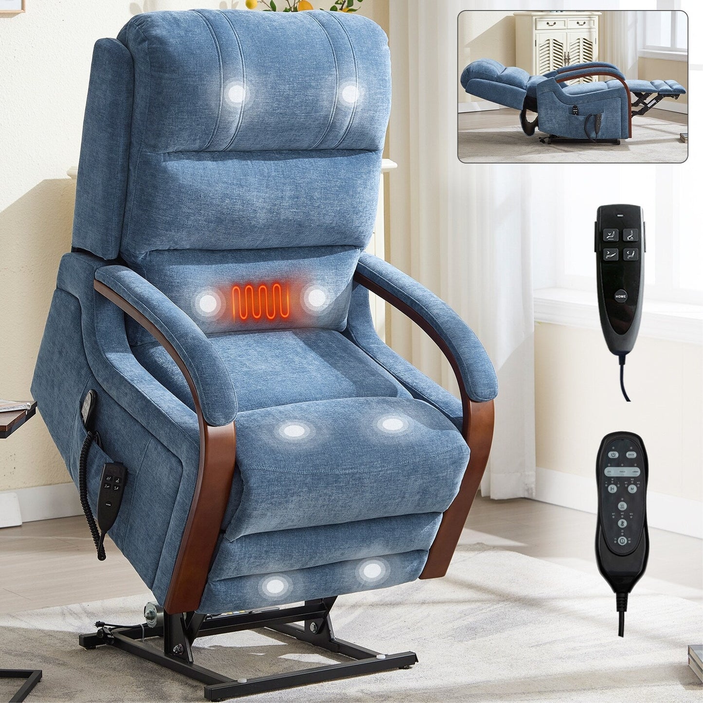 180° Power Lift Recliner Chair with Massage & Heat,Solid Wood Armrests