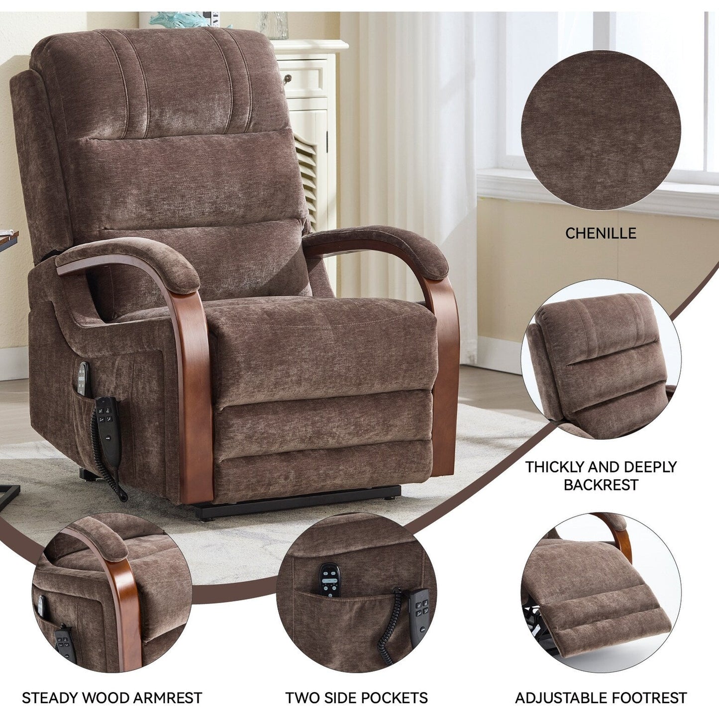 180° Power Lift Recliner Chair with Massage & Heat,Solid Wood Armrests