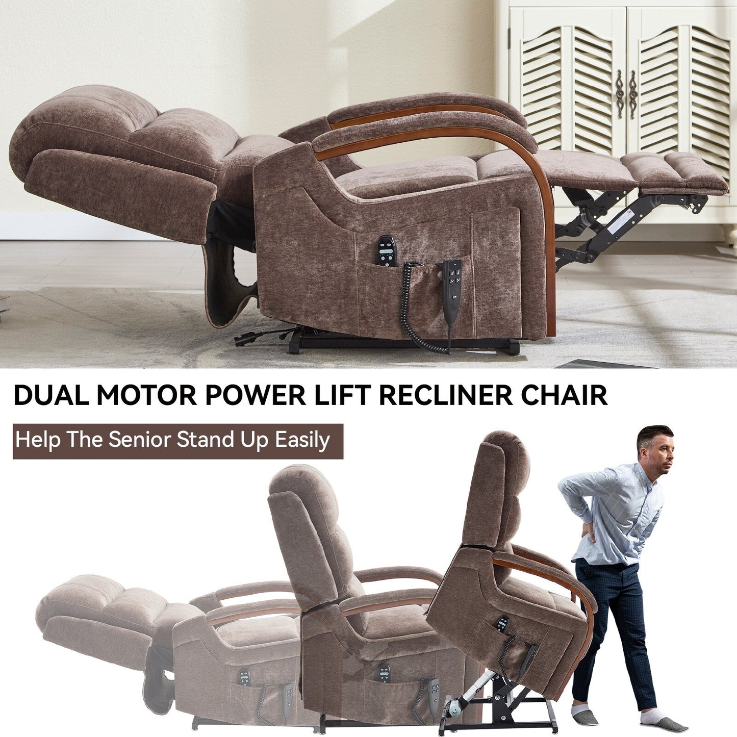 180° Power Lift Recliner Chair with Massage & Heat,Solid Wood Armrests