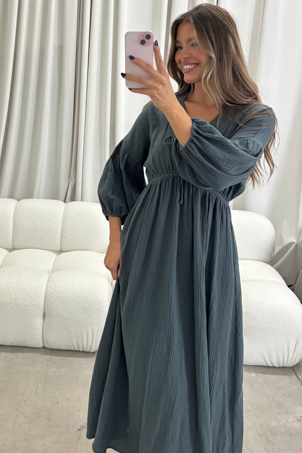Hunter 100% Cotton Gauze Midi Dress in Dusty Navy - Bump Friendly