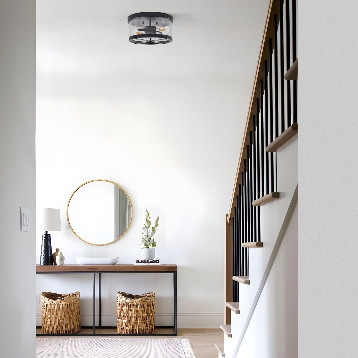 2-Light Flush Mount Clear Glass Ceiling Light with Metal Frame