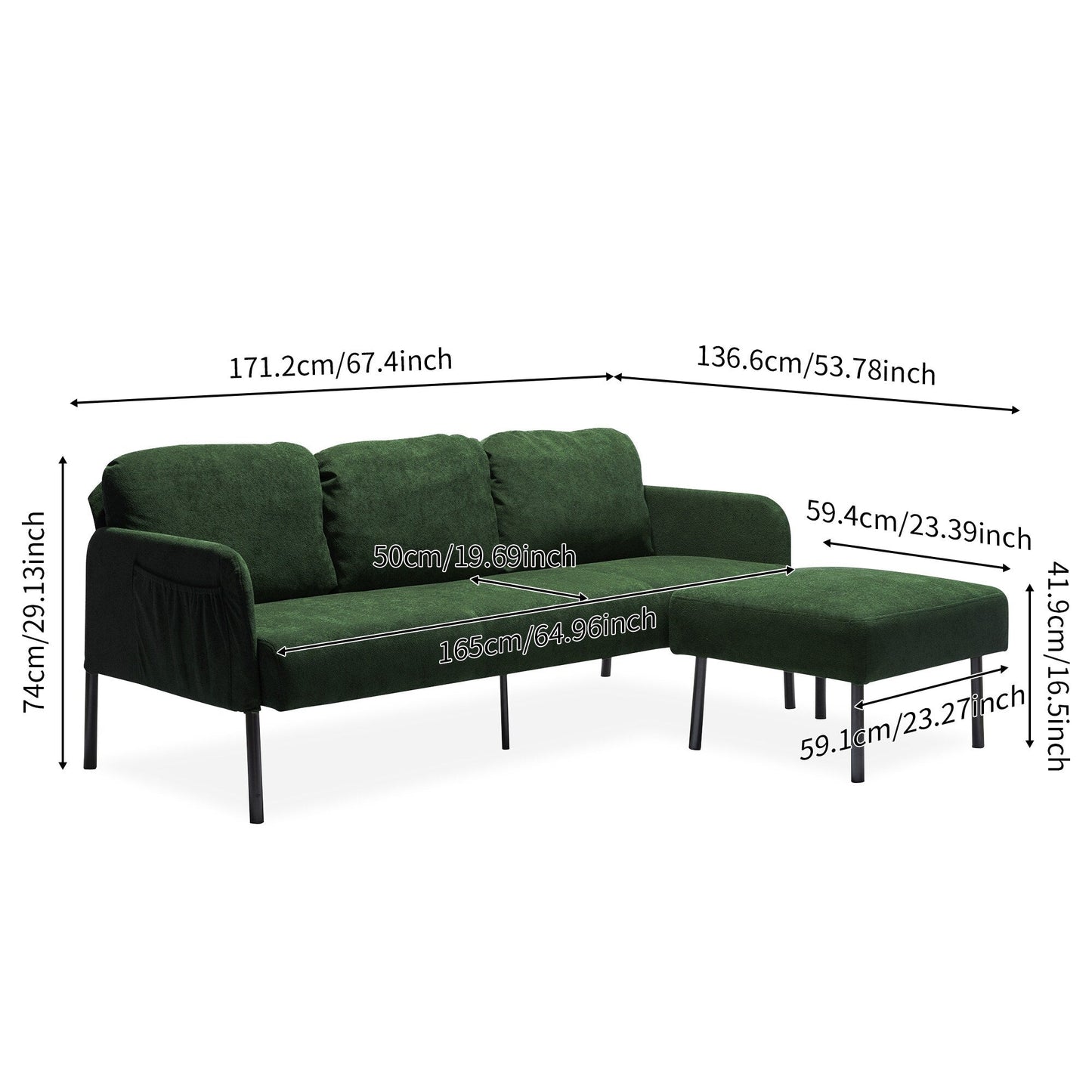 3 Seater L-Shaped Polyester Fabric Sofa with Ottoman, Modern Upholstered Sofa, Comfy Small Couches for Small Space
