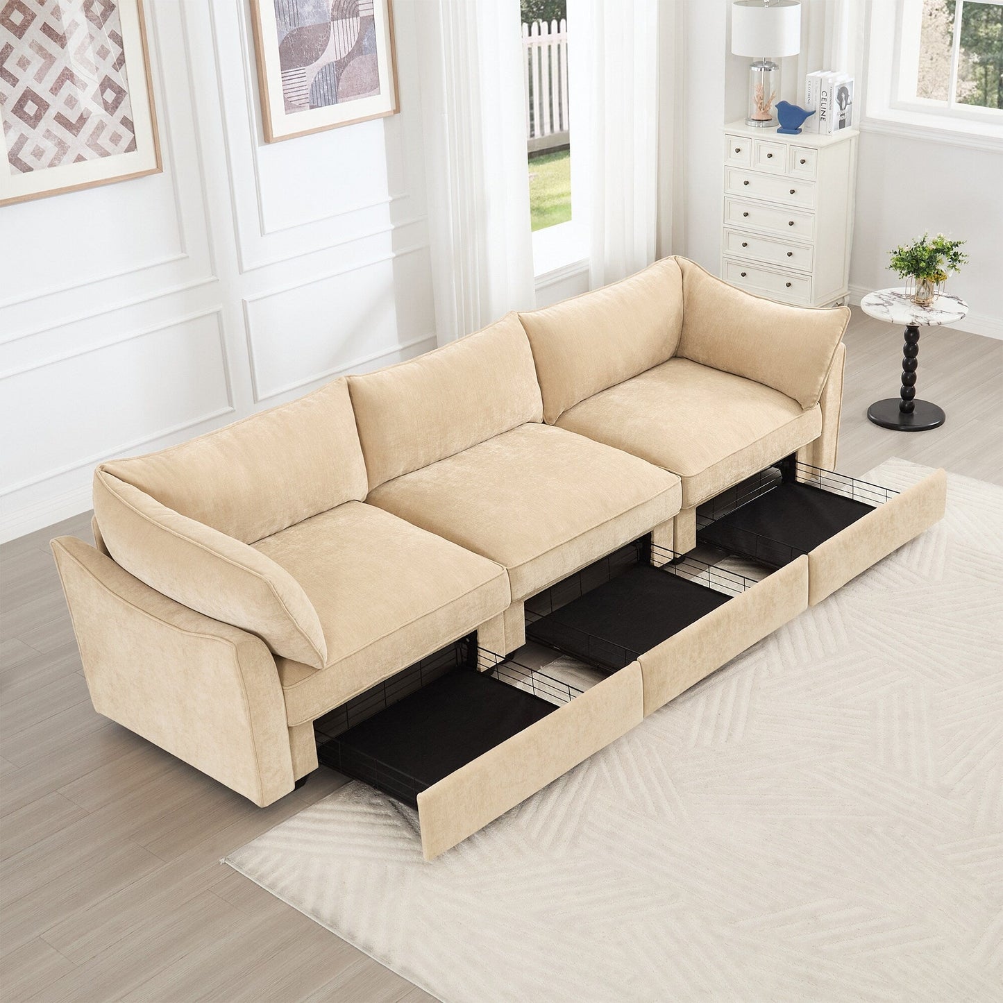 3-Seater Large Wide & Deep Sofa with Pull out Drawers Under Each Seat, Crescent-Shaped Armrests and Wraparound Back