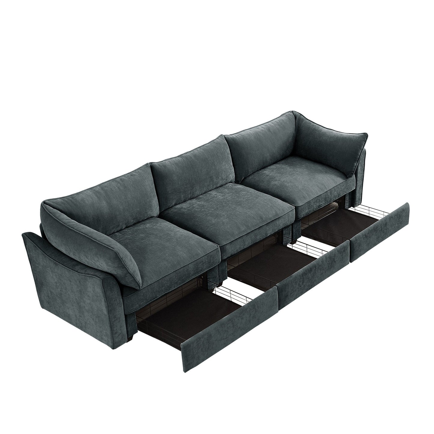3-Seater Large Wide & Deep Sofa with Pull out Drawers Under Each Seat, Crescent-Shaped Armrests and Wraparound Back