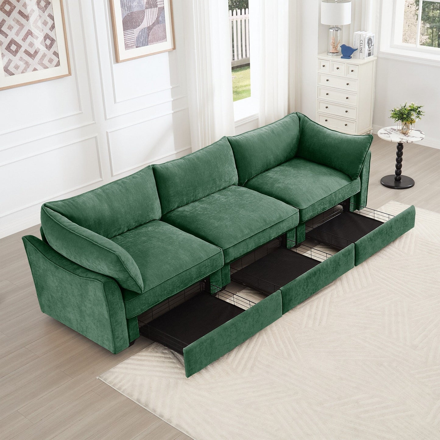 3-Seater Large Wide & Deep Sofa with Pull out Drawers Under Each Seat, Crescent-Shaped Armrests and Wraparound Back