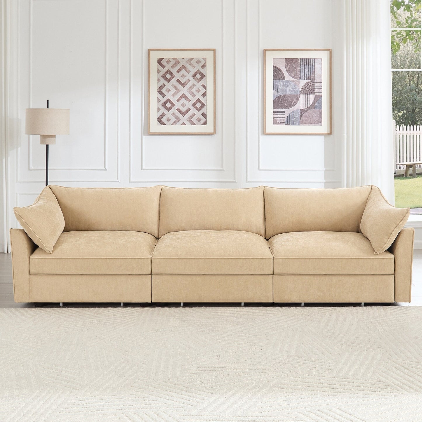 3-Seater Large Wide & Deep Sofa with Pull out Drawers Under Each Seat, Crescent-Shaped Armrests and Wraparound Back