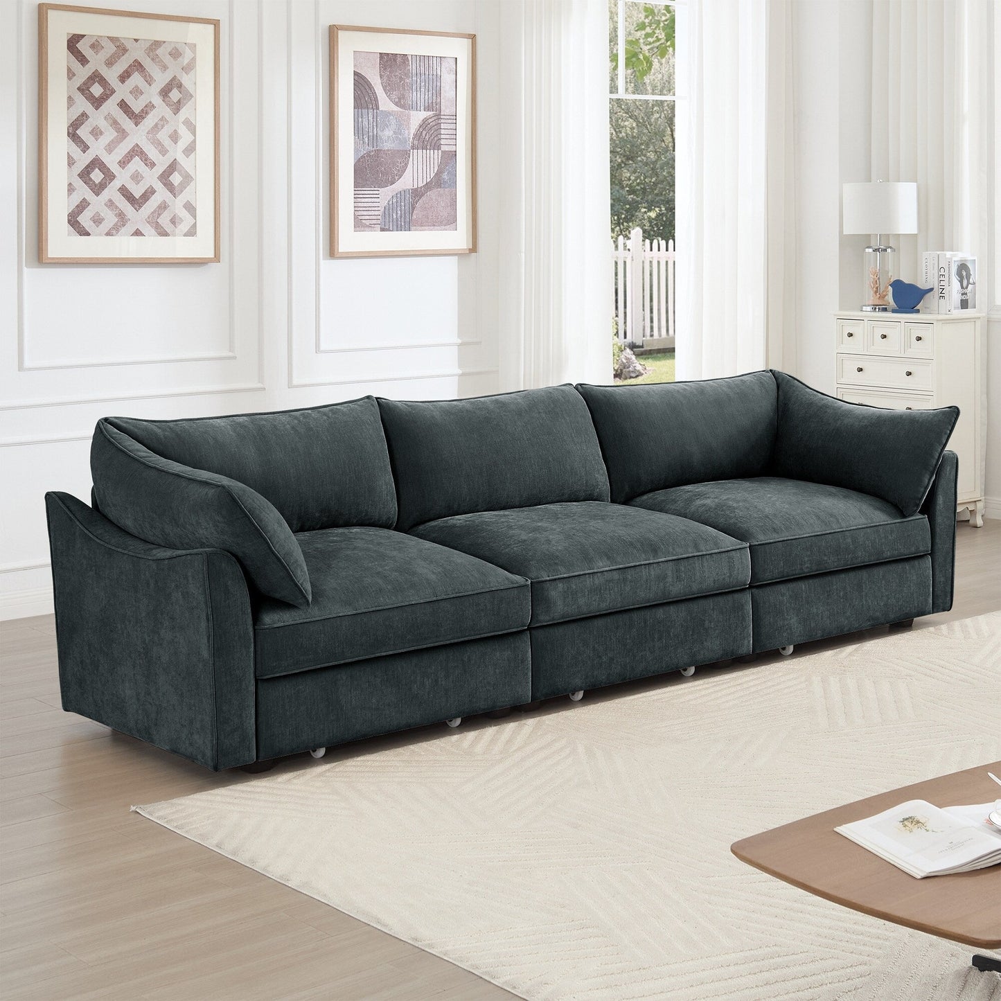 3-Seater Large Wide & Deep Sofa with Pull out Drawers Under Each Seat, Crescent-Shaped Armrests and Wraparound Back