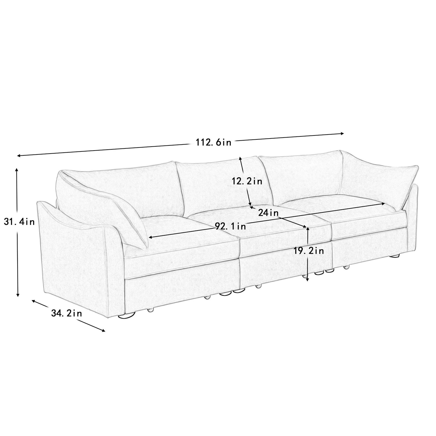 3-Seater Large Wide & Deep Sofa with Pull out Drawers Under Each Seat, Crescent-Shaped Armrests and Wraparound Back