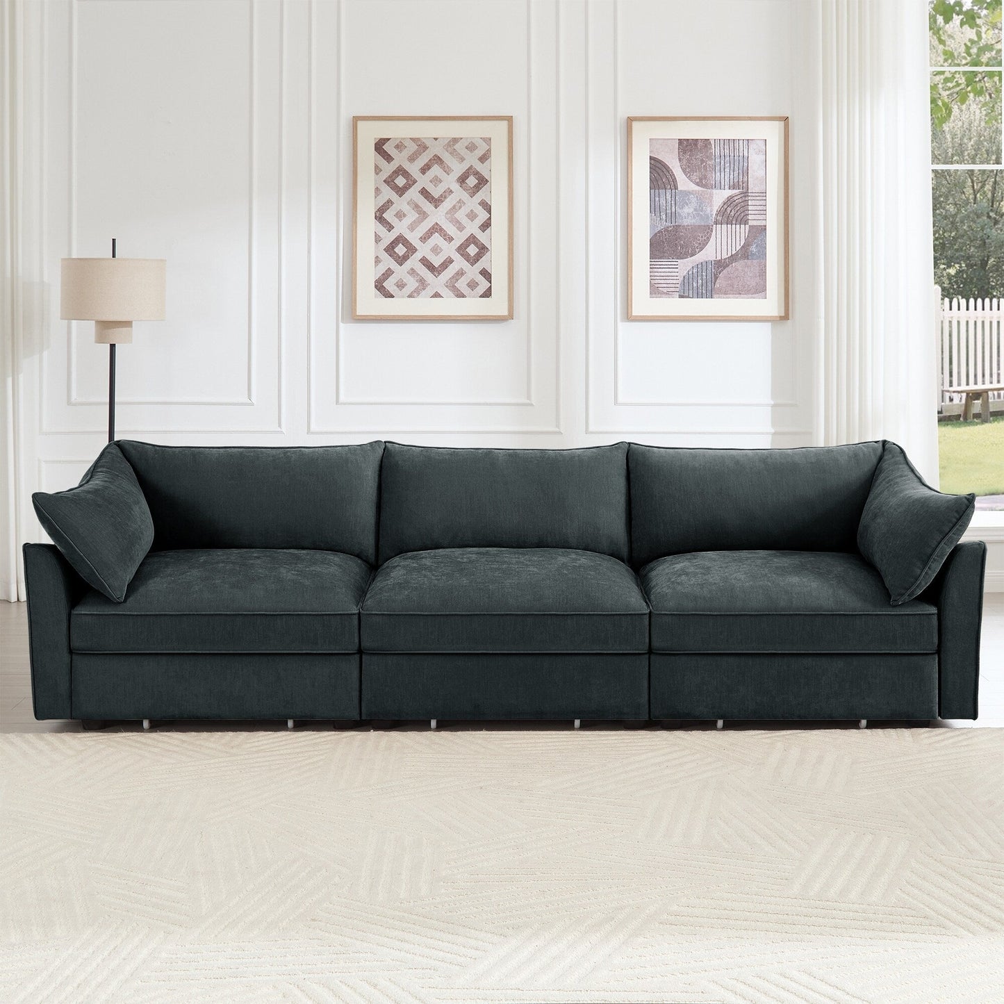 3-Seater Large Wide & Deep Sofa with Pull out Drawers Under Each Seat, Crescent-Shaped Armrests and Wraparound Back