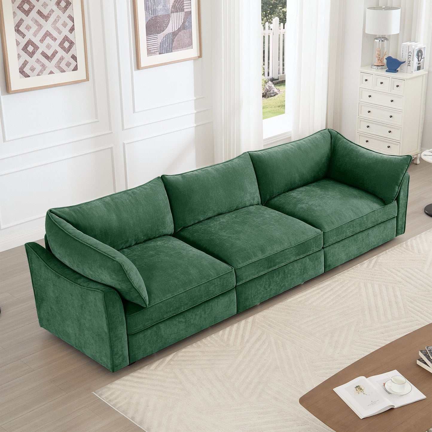 3-Seater Large Wide & Deep Sofa with Pull out Drawers Under Each Seat, Crescent-Shaped Armrests and Wraparound Back