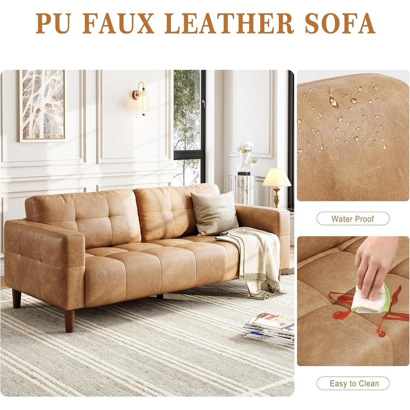 3-Seater Sofa Couch, 83 Wide Faux Leather Sofa Couch with Spring Cushion, Modern Sofa