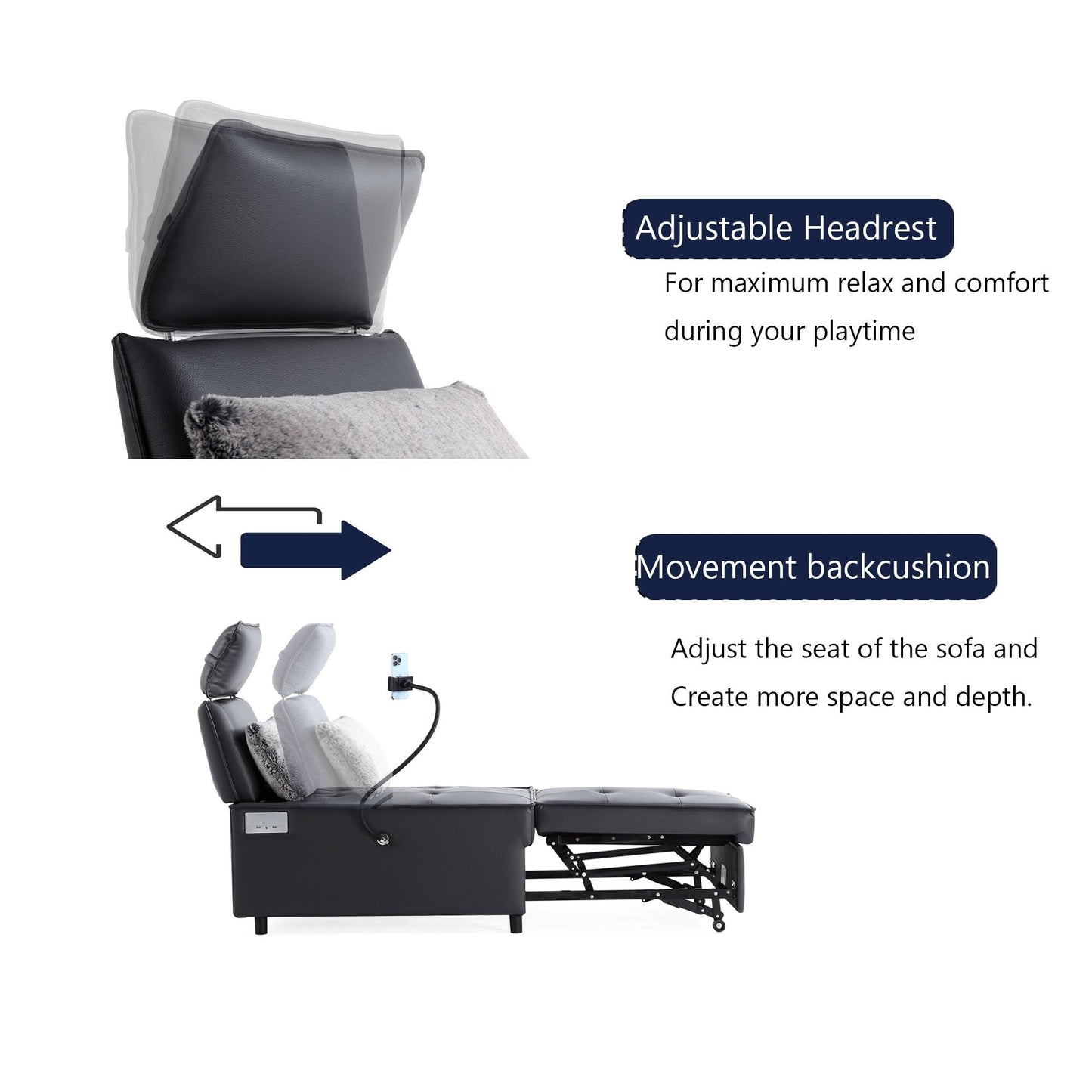 3-in-1 Convertible Chair Bed Adjustable Sofa Reclining Lounge with Bluetooth Speakers, USB Ports and Soft Pillow