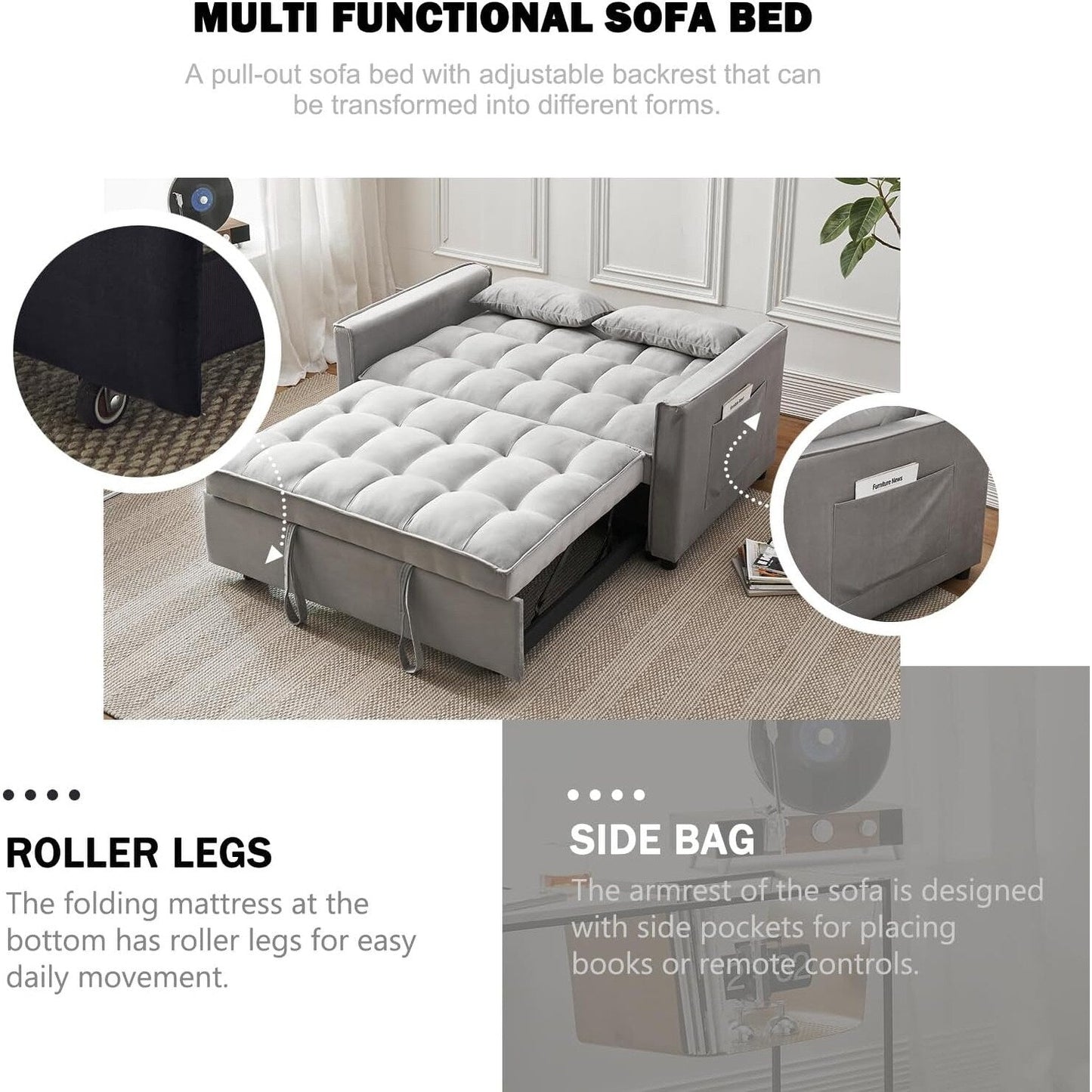3-in-1 Velvet Sleeper Sofa Bed - Pull Out Couch with Adjustable Backrest, Armrests & Storage Pockets for Living Room