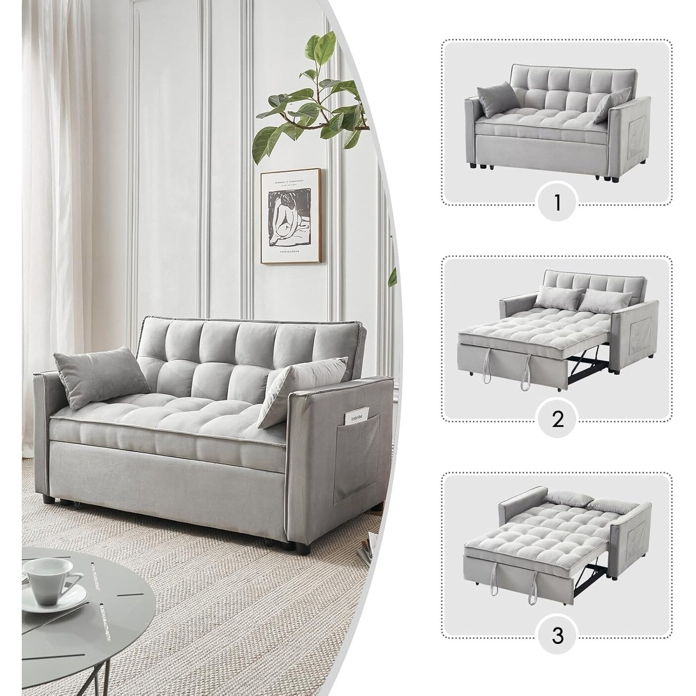 3-in-1 Velvet Sleeper Sofa Bed - Pull Out Couch with Adjustable Backrest, Armrests & Storage Pockets for Living Room