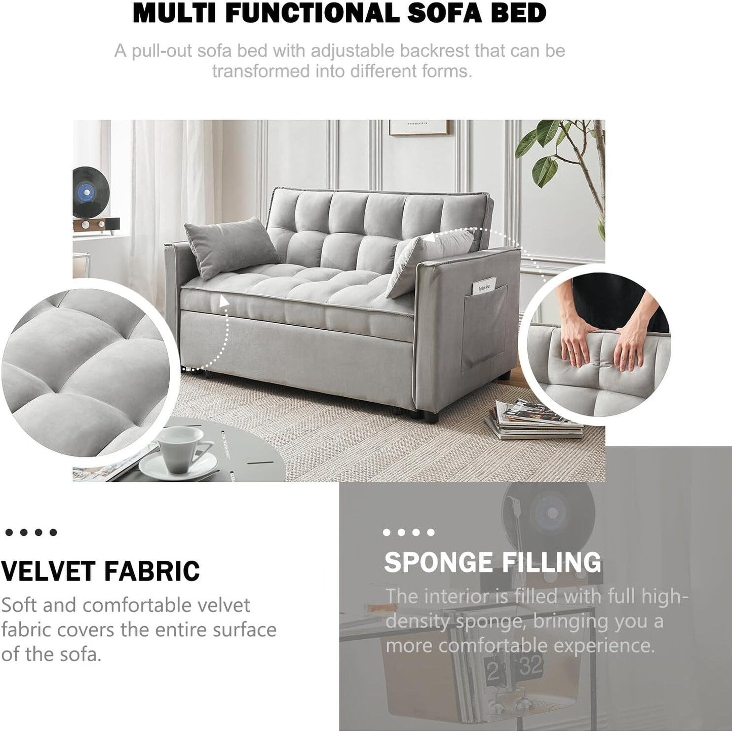 3-in-1 Velvet Sleeper Sofa Bed - Pull Out Couch with Adjustable Backrest, Armrests & Storage Pockets for Living Room