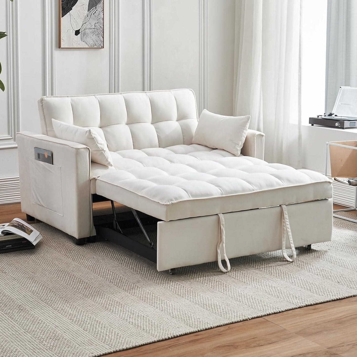 3-in-1 Velvet Sleeper Sofa Bed - Pull Out Couch with Adjustable Backrest, Armrests & Storage Pockets for Living Room