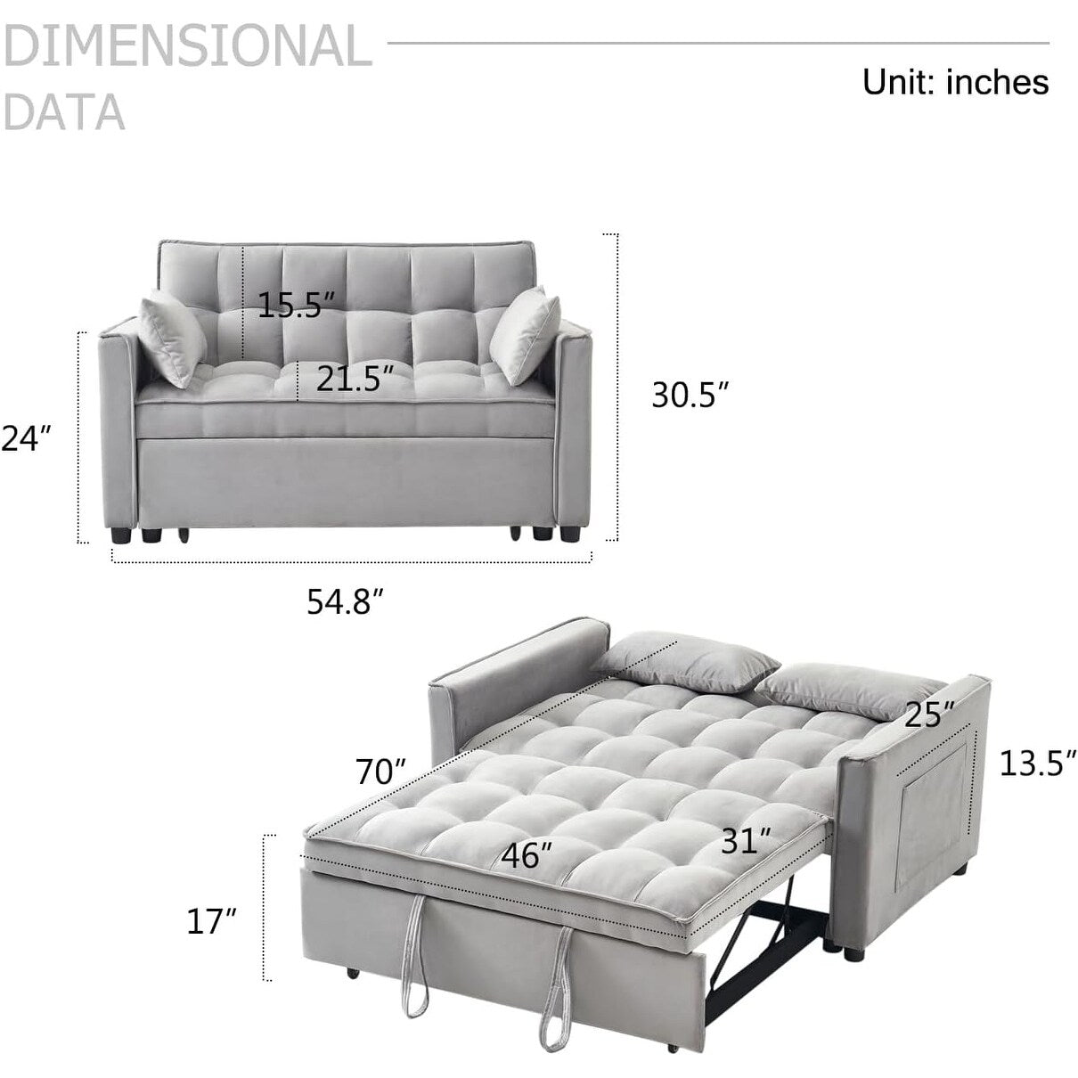 3-in-1 Velvet Sleeper Sofa Bed - Pull Out Couch with Adjustable Backrest, Armrests & Storage Pockets for Living Room