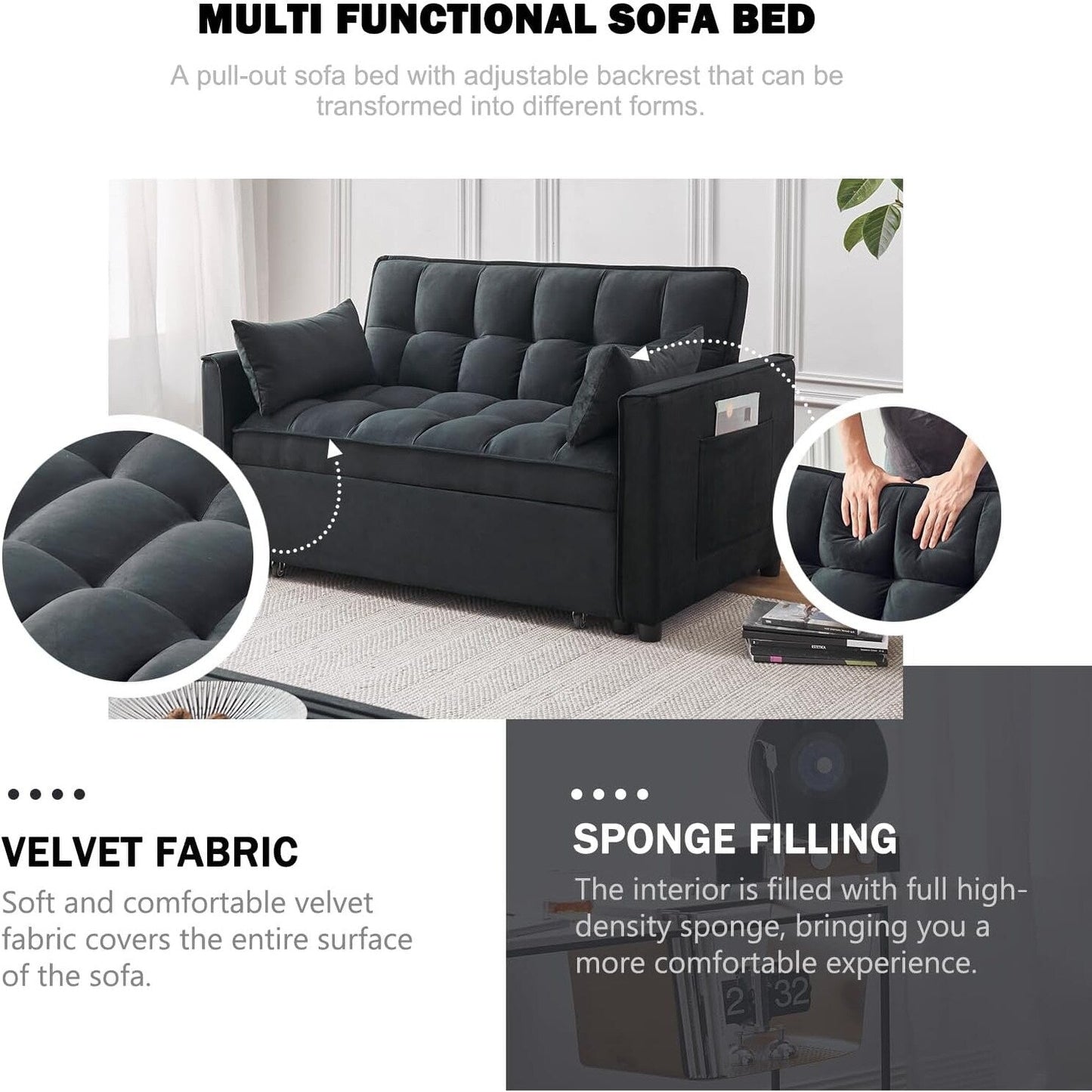 3-in-1 Velvet Sleeper Sofa Bed - Pull Out Couch with Adjustable Backrest, Armrests & Storage Pockets for Living Room