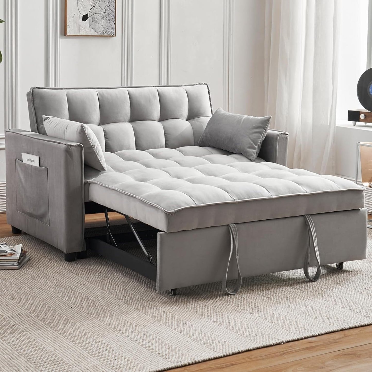 3-in-1 Velvet Sleeper Sofa Bed - Pull Out Couch with Adjustable Backrest, Armrests & Storage Pockets for Living Room