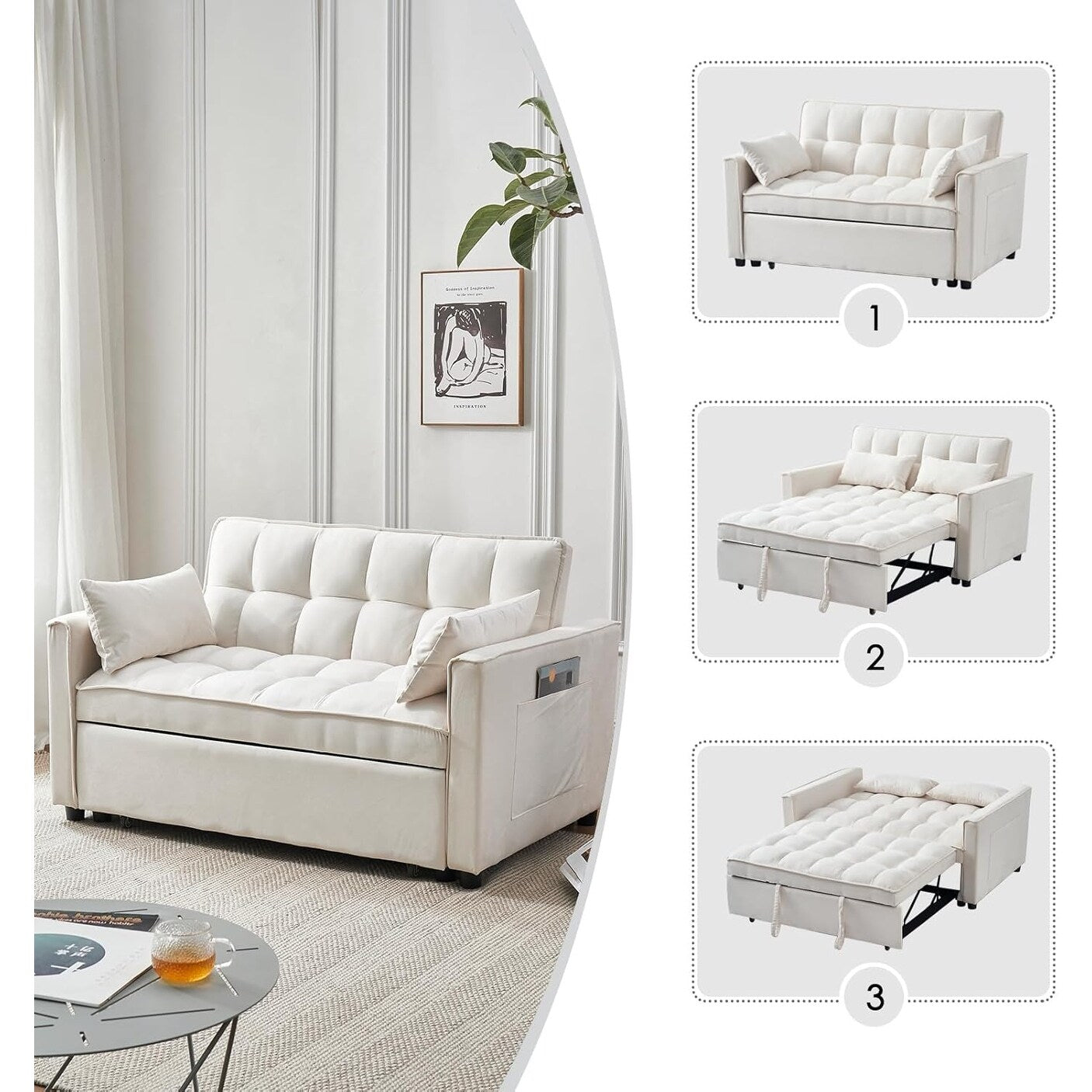 3-in-1 Velvet Sleeper Sofa Bed - Pull Out Couch with Adjustable Backrest, Armrests & Storage Pockets for Living Room