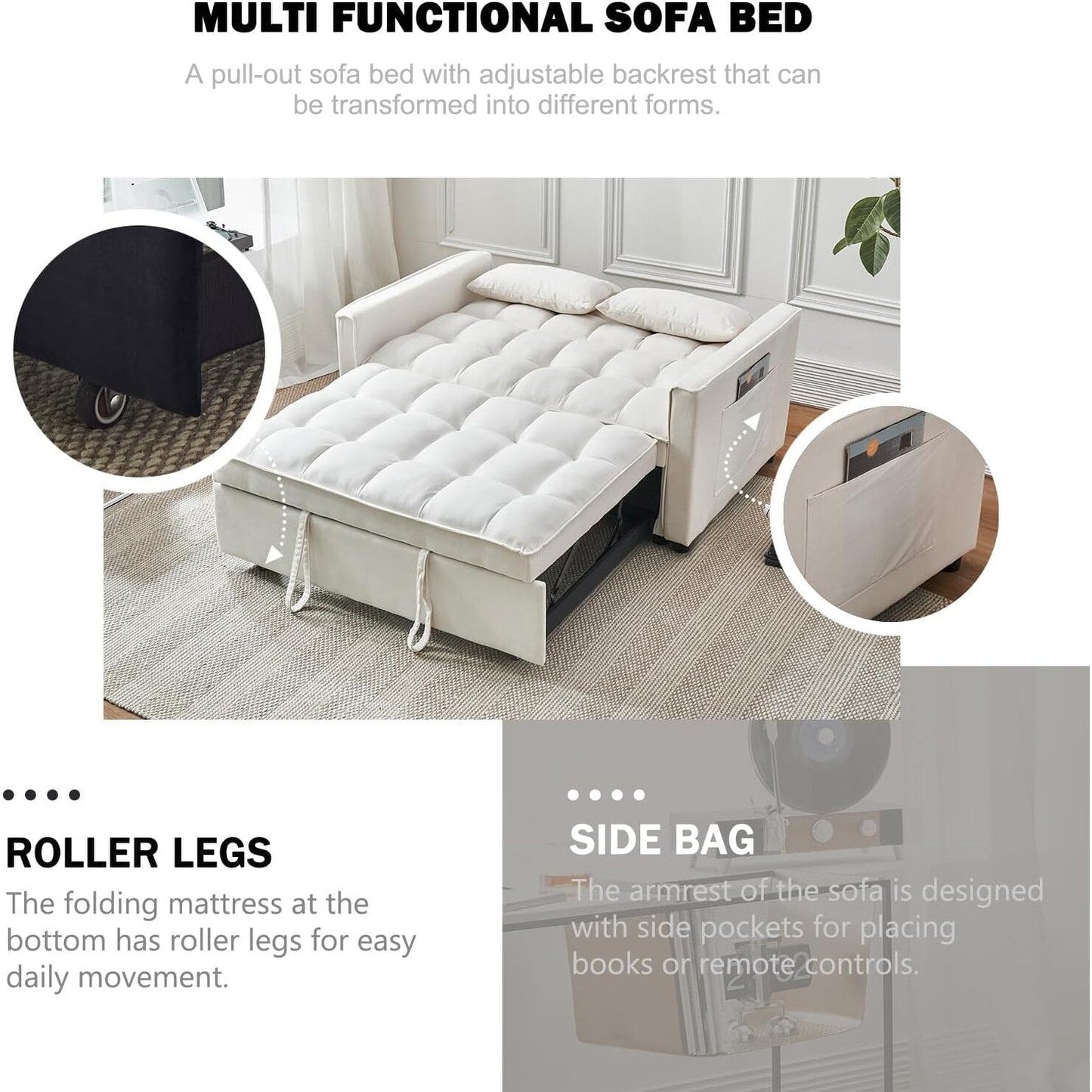 3-in-1 Velvet Sleeper Sofa Bed - Pull Out Couch with Adjustable Backrest, Armrests & Storage Pockets for Living Room