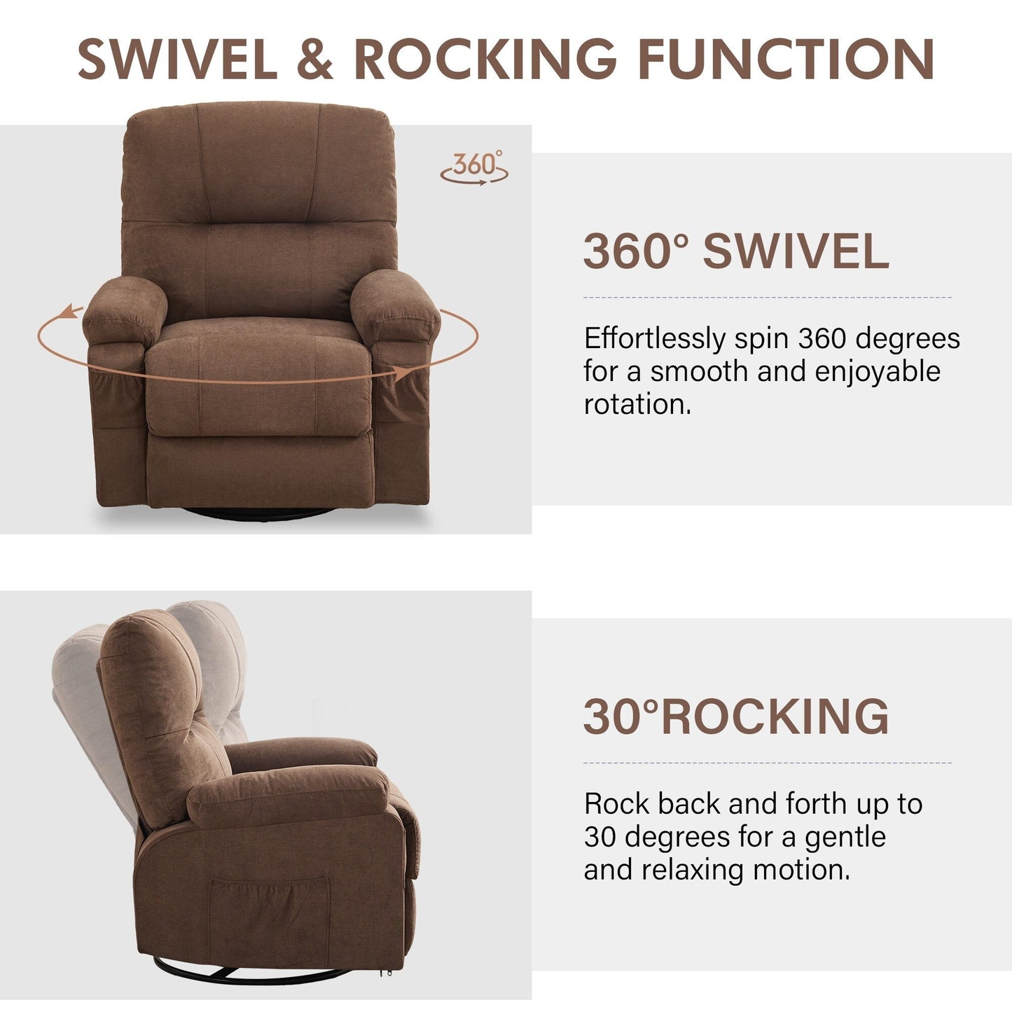 360 Swivel Manual Recliner Single Sofa Chair Fabric Lounge Chair with Pull Out Footrest and Side Pockets