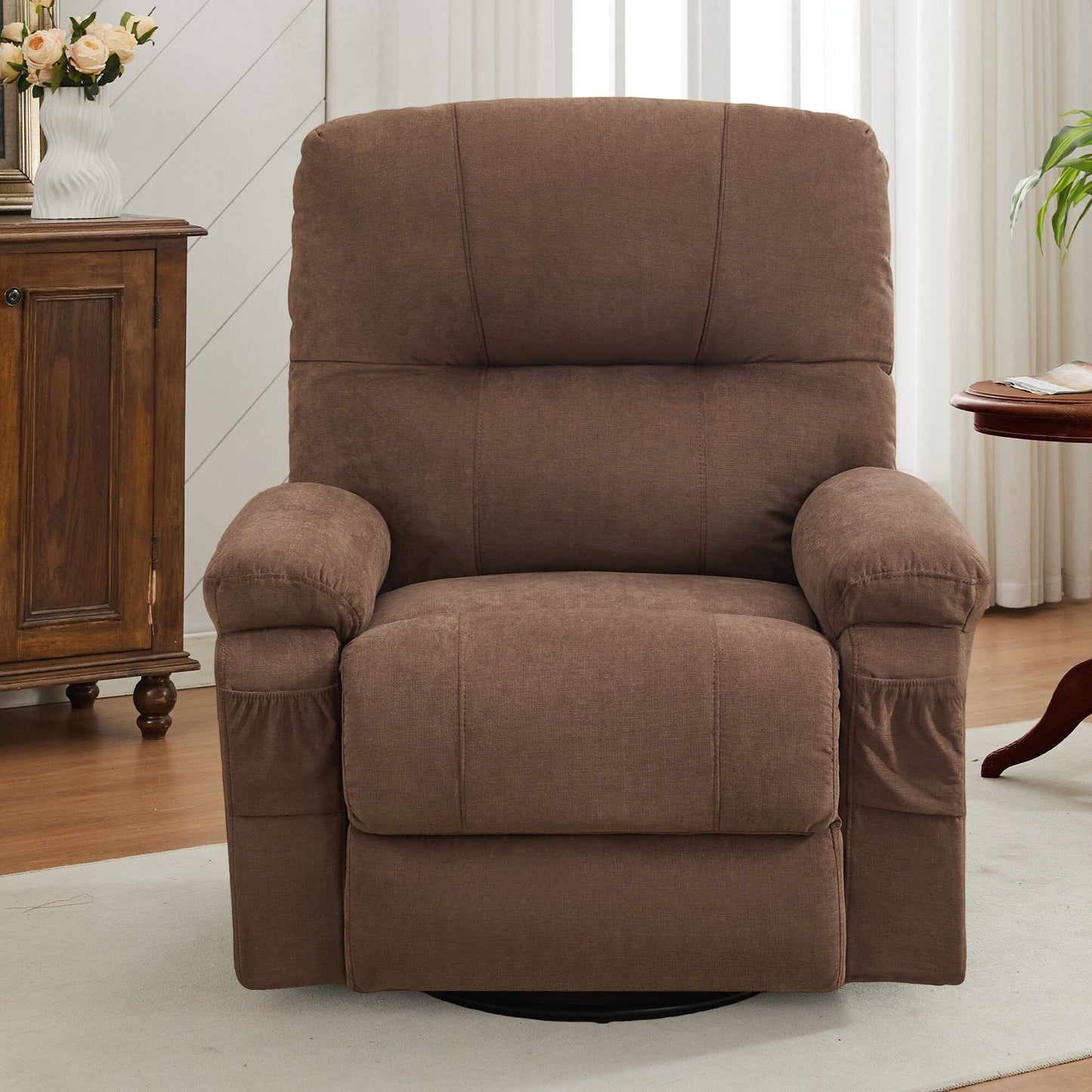 360 Swivel Manual Recliner Single Sofa Chair Fabric Lounge Chair with Pull Out Footrest and Side Pockets
