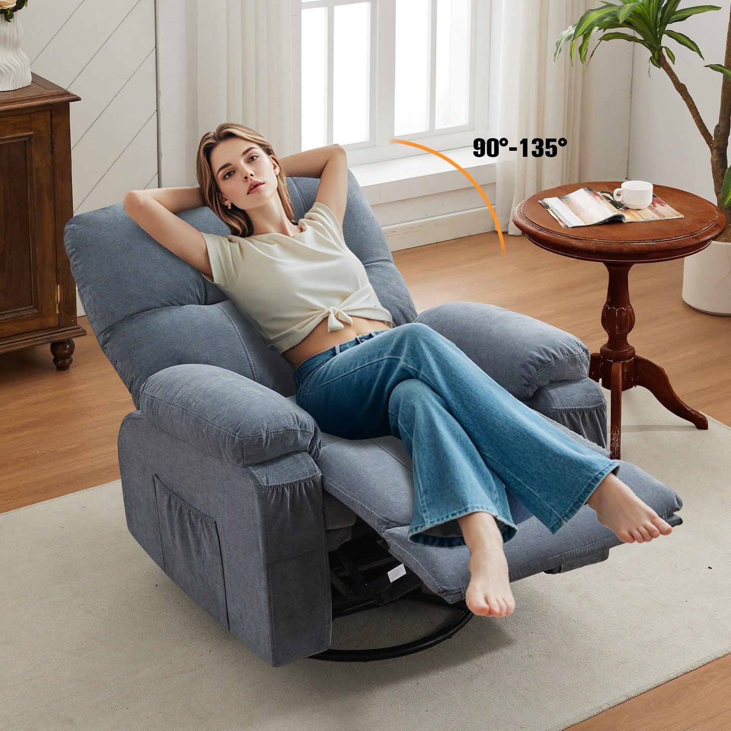 360 Swivel Manual Recliner Single Sofa Chair Fabric Lounge Chair with Pull Out Footrest and Side Pockets