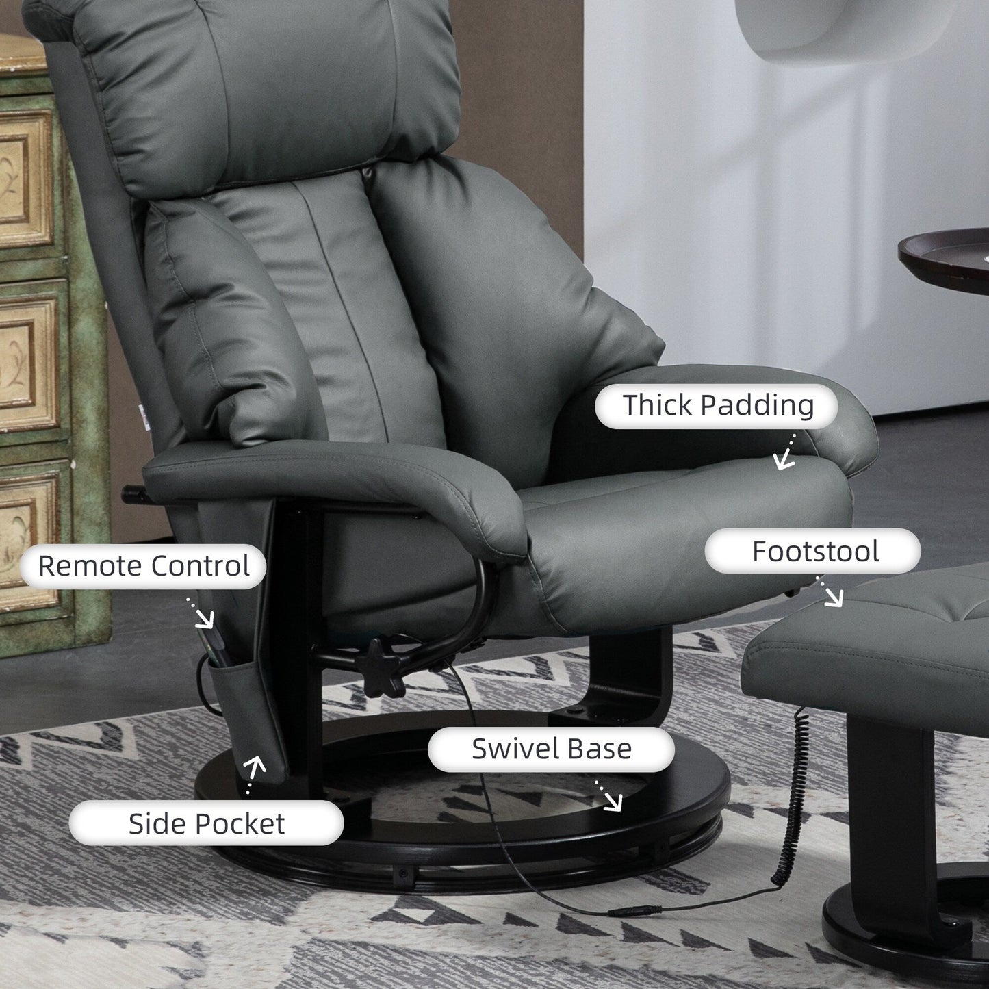 360 Swivel PU Leather Manual Massage Recliner Chair with Footrest, Adjustable Backrest and 10 Point Vibration