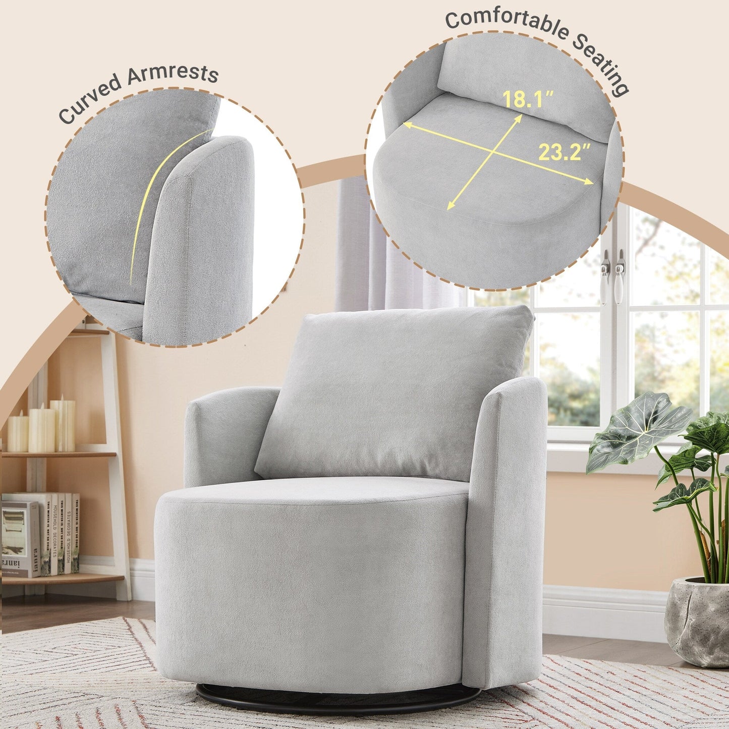 360° Swivel Chair, Chenille Barrel Armchair, Curved Design Lounge Chair Upholstered Swivel Sofa Chair for Living Room