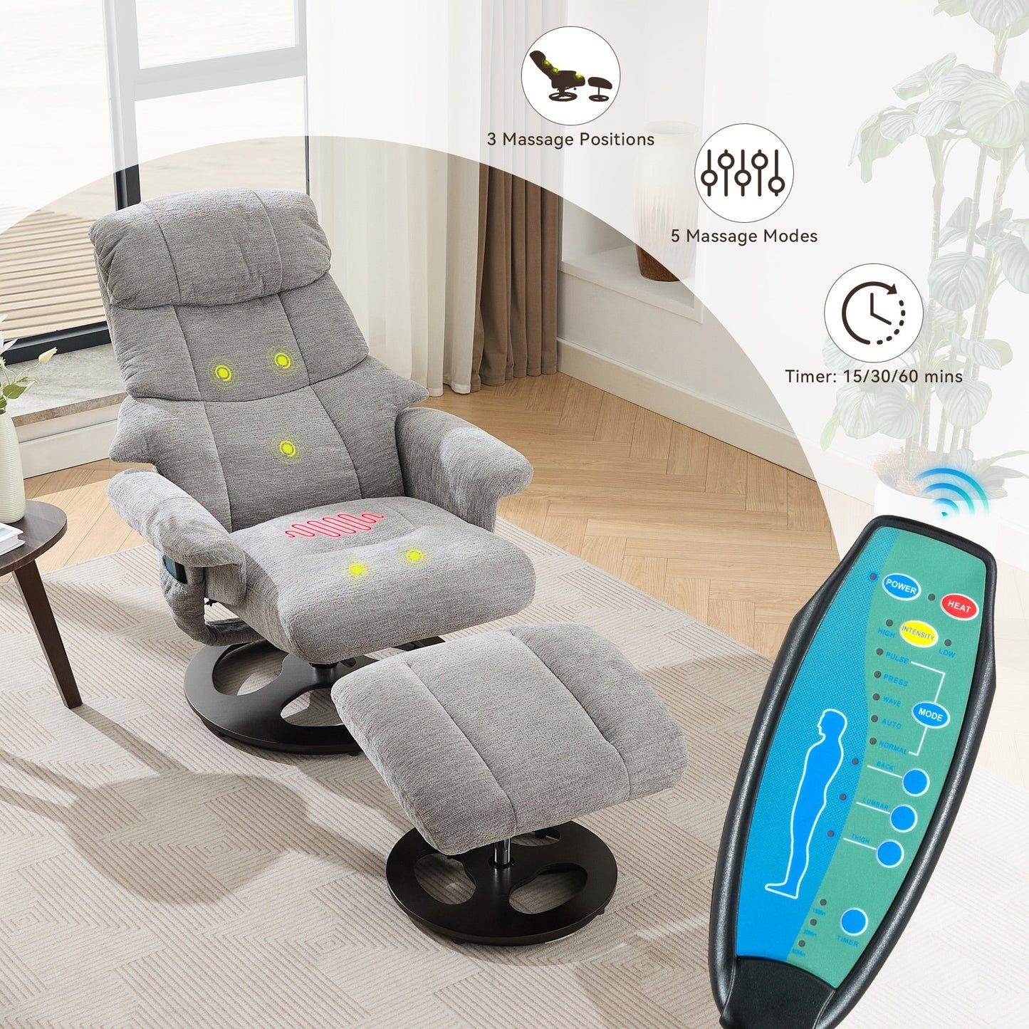 360° Swivel Ergonomic Recliner Chair with Ottoman, Adjustable Backrest, 5 Vibration Massage, Seat Heating, Chenille Fabric